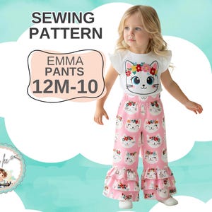 Girls Wide Leg Ruffle Pants Sewing Pattern. 1, 2 or 3 Ruffles. PDF Instant Download, Sizes 12m to 10. Emma