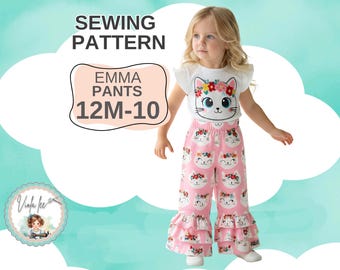 Girls Wide Leg Ruffle Pants Sewing Pattern. 1, 2 or 3 Ruffles. PDF Instant Download, Sizes 12m to 10. Emma