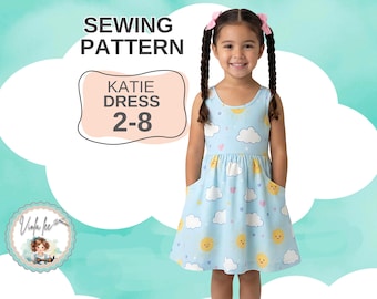 Patrón de costura en PDF para vestido de niña con bolsillos en la entrepierna y espalda abierta. Tallas para niñas y bebés (2-8). Descarga digital instantánea. Kaity