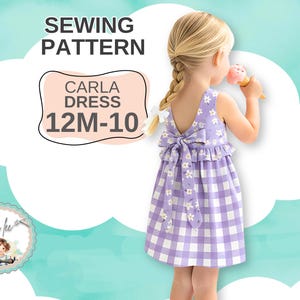 Molde de costura em PDF para vestido infantil. Fecho simples com laço. Tamanhos 12M-10. Download digital instantâneo. Carla