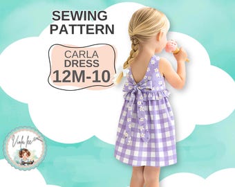 Patrón de costura en PDF para vestido de niña. Cierre sencillo con lazo. Tallas 12 M-10. Descarga digital instantánea. Carla