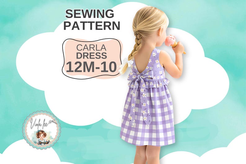 Image showcasing Girls Dress PDF Sewing Pattern. Simple Loop & Bow Closure. Sizes 12M-10 ...