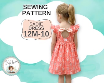 Patrón de costura en PDF para vestido de niña y top. Vestido de verano con espalda descubierta y top con opción de mangas con vuelo. Descarga digital. Sadie