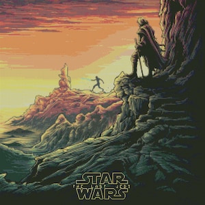 May include: A digital illustration of a scene from Star Wars: The Last Jedi. The image features a rocky landscape with a sunset in the background. Two figures are visible in the distance, one standing on a cliff and the other walking across the landscape. The text "Star Wars: The Last Jedi" is displayed at the bottom of the image.