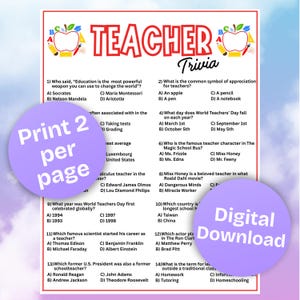 Könnte beinhalten: Ein druckbares Lehrer-Trivia-Spiel mit Multiple-Choice-Fragen. Das Design zeigt eine rot-weiße Apfelgrafik und die Worte "Teacher Trivia" in großen Buchstaben. Enthält den Text "Print 2 per page" und "Digital Download".