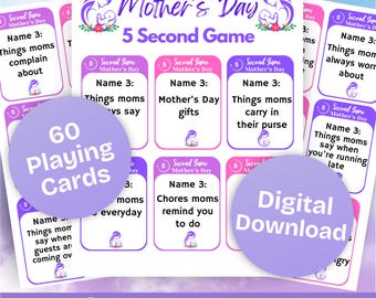 Mother's Day 5 Second Game Cards 60 Printable Cards - Fun Church Game, Icebreaker Game, Game Night Activity, Family Night Fun, Brunch Quiz