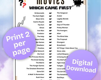Movie Which Came First Game Printable with Answer Key, Movie Themed Party, Birthday, Game Night, Movie Lovers, Instant Download