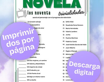 Trivia de Novelas de los 90 Imprimible, Juego de Telenovelas Retro, Juego para fiesta, Novelas Trivia, Cinco de Mayo Games