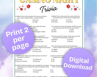 Casino Trivia Printable, Poker Night Party, Adult Party Game, Blackjack Trivia, Birthday Party Fun, Fun Party Idea, Instant Download