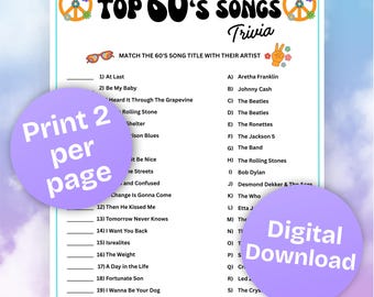 60s Music Trivia Printable | Classic Rock'n'Roll Trivia | Pop Culture Trivia |1960s Songs Quiz | Retro-ThemedParty | Birthday | Seniors Game