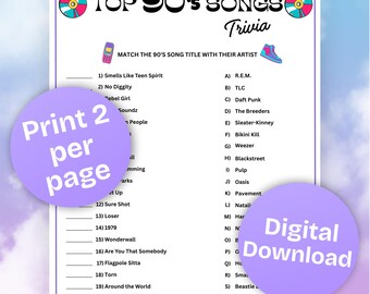 90s Music Trivia Printable,Retro Game Night,1990s Songs Quiz,Pop Culture Quiz,Vintage Music Game,Decaded Music,Birthday,Anniversaries