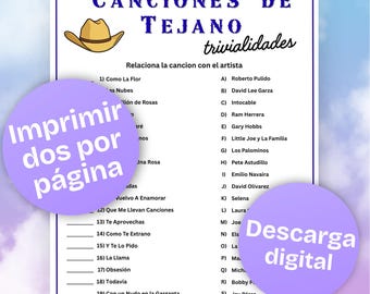 Trivia de Canciones de Tejano Imprimible, Juego de, Canciones de Tejano, Juego para fiesta, Noches de juegos, Cinco de Mayo Games