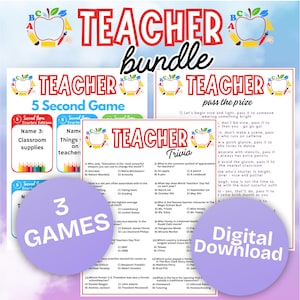 Puede incluir: Un paquete de profesor con tres juegos y preguntas de trivia. El paquete incluye hojas de "5 Second Game" y "Teacher Trivia", con las palabras "Digital Download" en la parte inferior derecha.