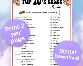 70s Music Trivia Printable | Decades Trivia | 1970s Songs | Retro-Themed Party | Birthday | Seniors Trivia Game | Pop Culture Quiz