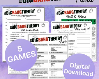 Big Bang Theory Trivia 5 Game Bundle, TV Sitcom Party Printable, Television Quiz, Digital Download, TV Show, Sitcom Trivia,Family Game Night