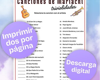 Trivia de Canciones de Mariachi Imprimible, Juego de, Canciones de Mariachi, Juego para fiesta, Noches de juegos, Cinco de Mayo Games