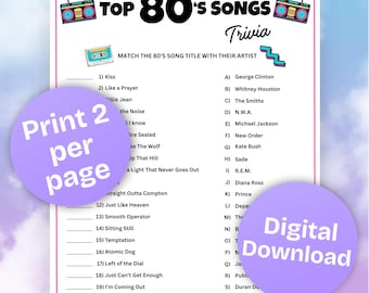 80s Music Trivia Printable with Answer Key,Retro Game Night,1980s Songs,Vintage Music Game,Birthday,Anniversaries,Instant Download