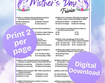 Mother’s Day Trivia Printable Game | Family Game Night, Virtual Celebration | Brunch Fun | Family Gathering Activity,Mother’s Day Party Game
