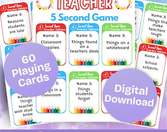 Teacher 5 Second Game Cards 60 Printable Cards - Teacher Fun Party Themed Game, Icebreaker Game, Staff Party Activity- Instant Download!