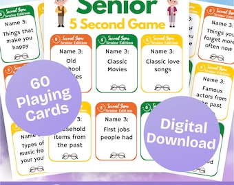 Senior Citizen 5 Second Game, 60 Cards Printable - Fun Retirement Party Game, Senior Center Fun, Family Fun, Large Cards - Instant Download!