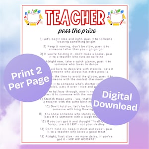 May include: A printable digital download with the text "TEACHER pass the prize" in large red letters. The game includes instructions for a fun activity. The design features apple illustrations and the words "Print 2 Per Page" and "Digital Download".