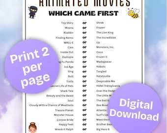 Animated Movies Which Came First Game Printable with Answer Key, Animated Themed Party, Birthday, Game Night, Movie Lovers, Instant Download
