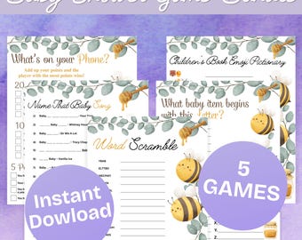 Bumble Bee Baby Shower Printable 5 Games - Fun Word Scramble & More, Includes Answer Key,US Letter Size + 2 Per Page Option,Digital Download