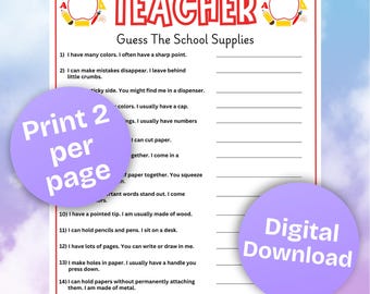 Teacher Guess the School Supplies Printable Game,Classroom Party,Teacher Appreciation Fun,First Day of School,Back to School Game