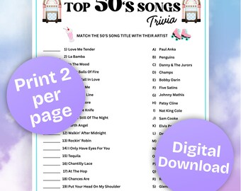 50s Music Trivia Printable with Answer Key,Classic Rock'n'Roll Trivia,1950s Songs,Retro-Themed Party,Birthday,Anniversaries,Instant Download