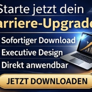 Op de afbeelding: Een promotieafbeelding met Duitse tekst, die een carrière-upgrade adverteert. Het toont een laptop met een stijgende grafiek, met vinkjes naast opsommingstekens. De afbeelding bevat de tekst "JETZT DOWNLOADEN" op een gouden banner.