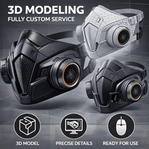 May include: Image of three black face masks with orange accents, one in a wireframe design. The masks have adjustable straps and circular air filters. Text reads "3D MODELING" and "FULLY CUSTOM SERVICE". Icons below show a 3D model, precise details, and ready for use.
