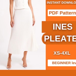 May include: A woman wearing a white pleated skirt and top. The image includes text that reads "INSTANT DOWNLOAD", "PDF Pattern", "INES PLEATED", "XS-4XL", and "BEGINNER level".