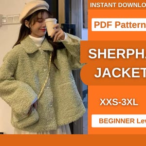Könnte beinhalten: Eine hellgrüne, texturierte Sherpa-Jacke mit Kragen und Knöpfen auf der Vorderseite. Das Bild enthält den Text: INSTANT DOWNLOAD, PDF Pattern, SHERPA JACKET, XXS-3XL, BEGINNER Level. Die Jacke hat lange Ärmel und zwei Vordertaschen.