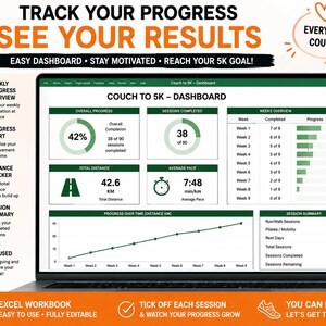 May include: A digital Couch to 5K dashboard displayed on a laptop screen, featuring progress charts, session trackers, and distance metrics. The interface includes sections for overall progress, completed sessions, and a weekly overview table in green and white.