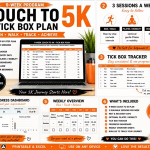 May include: A 9-week Couch to 5K tick box plan digital template displayed on a laptop screen. The layout includes a weekly overview, a progress dashboard, and a session tracker. The design features orange and black text with icons for running, pilates, and rest, providing a structured format to track fitness progress and daily activity sessions.