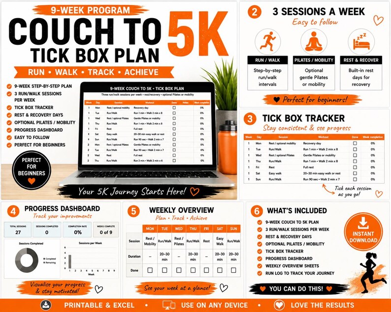 May include: A 9-week Couch to 5K tick box plan digital template displayed on a laptop screen. The layout includes a weekly overview, a progress dashboard, and a session tracker. The design features orange and black text with icons for running, pilates, and rest, providing a structured format to track fitness progress and daily activity sessions.