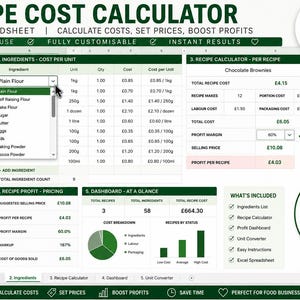 Op de afbeelding: Een Excel-spreadsheet-sjabloon voor het berekenen van receptkosten met secties voor ingrediënten, kosten, winstmarges en een dashboard. De interface toont tabellen met groene koppen, vervolgkeuzemenu's voor ingrediëntselectie en aanpassingen van de winstmarge.