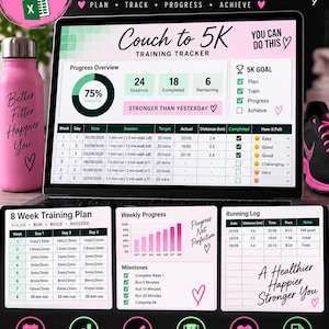 May include: A digital Couch to 5K training tracker Excel spreadsheet displayed on a laptop screen. The interface includes a progress overview, an 8-week training plan, a weekly progress chart, a running log, and a checklist for milestones.