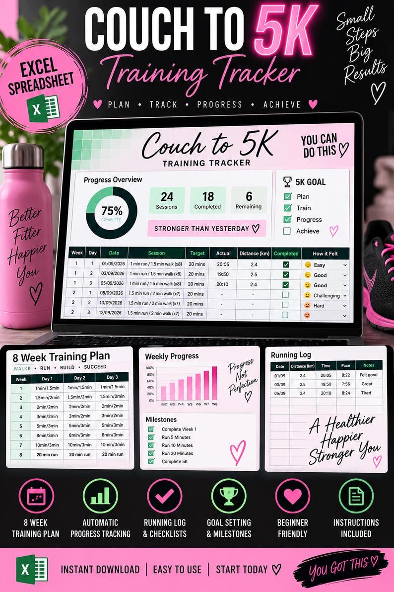 May include: A digital Couch to 5K training tracker Excel spreadsheet displayed on a laptop screen. The interface includes a progress overview, an 8-week training plan, a weekly progress chart, a running log, and a checklist for milestones.