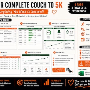 May include: A digital Couch to 5K workbook in Microsoft Excel format featuring six tabs for tracking running progress. The layout includes a tick box plan, weekly overview, progress dashboard, run log, charts, and tips for success with orange accents.
