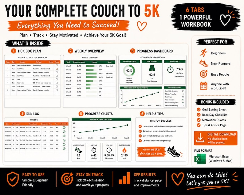 May include: A digital Couch to 5K workbook in Microsoft Excel format featuring six tabs for tracking running progress. The layout includes a tick box plan, weekly overview, progress dashboard, run log, charts, and tips for success with orange accents.