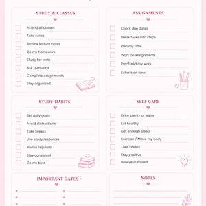 May include: A pink student checklist with sections for study habits, assignments, and self-care. The text includes "Student Checklist" and "Focus Today, Succeed Tomorrow." The design features hearts and decorative elements.