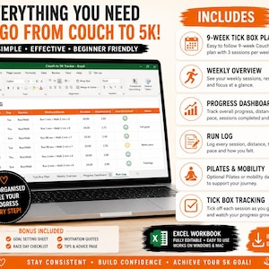 May include: A laptop screen displaying a Couch to 5K Excel tracker with a run log table. The image includes text: EVERYTHING YOU NEED TO GO FROM COUCH TO 5K, 9-WEEK TICK BOX PLAN, WEEKLY OVERVIEW, PROGRESS DASHBOARD, RUN LOG, PILATES & MOBILITY.
