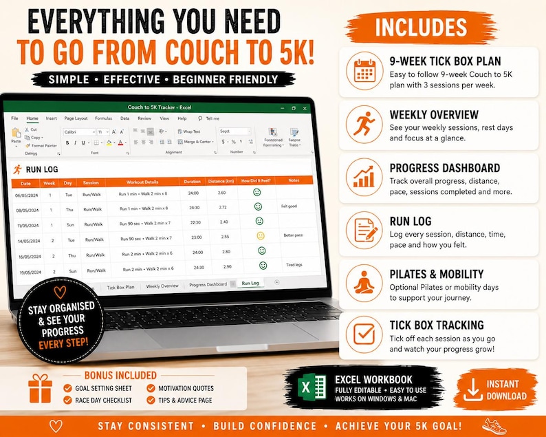 May include: A laptop screen displaying a Couch to 5K Excel tracker with a run log table. The image includes text: EVERYTHING YOU NEED TO GO FROM COUCH TO 5K, 9-WEEK TICK BOX PLAN, WEEKLY OVERVIEW, PROGRESS DASHBOARD, RUN LOG, PILATES & MOBILITY.