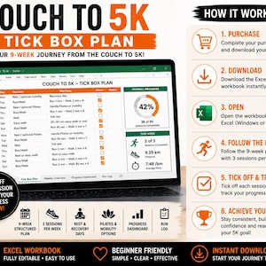 May include: A digital Couch to 5K tick box plan displayed on a laptop screen, featuring a 9-week workout schedule in an Excel workbook format. The interface includes a progress dashboard, session tracking, and a step-by-step guide on how to purchase, download, and use the file to track running progress.