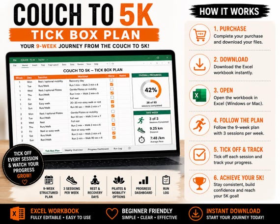 Couch to 5K Running Plan | Excel Tracker | 9 Week 5K Training Planner | Beginner Running Log | Tick Box Run Walk Plan | Digital Download