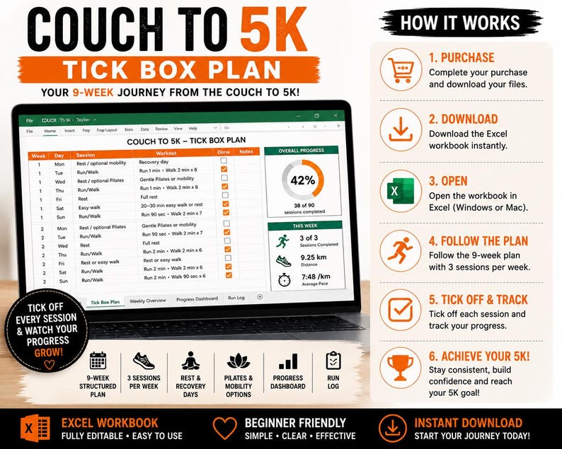 May include: A digital Couch to 5K tick box plan displayed on a laptop screen, featuring a 9-week workout schedule in an Excel workbook format. The interface includes a progress dashboard, session tracking, and a step-by-step guide on how to purchase, download, and use the file to track running progress.