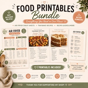 May include: A digital food printables bundle with air fryer cheat sheets, traybake recipes, and recipe guides. The image includes a carrot cake recipe and an air fryer quick start guide. The bundle includes 7 printables.