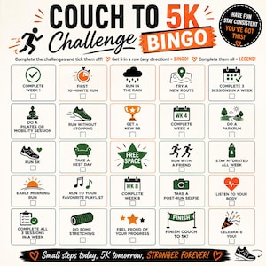 May include: A Couch to 5K Challenge Bingo card featuring a grid of twenty-five squares with orange and green icons and text. The top reads Couch to 5K Challenge Bingo, and the bottom says Small steps today, 5K tomorrow, STRONGER FOREVER!