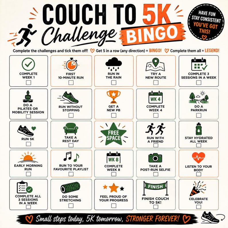 May include: A Couch to 5K Challenge Bingo card featuring a grid of twenty-five squares with orange and green icons and text. The top reads Couch to 5K Challenge Bingo, and the bottom says Small steps today, 5K tomorrow, STRONGER FOREVER!